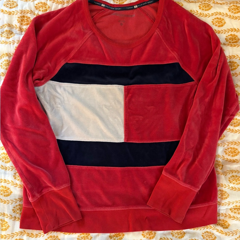 Tommy Hilfiger Red 90s vintage velour Crew Neck Sweater size medium